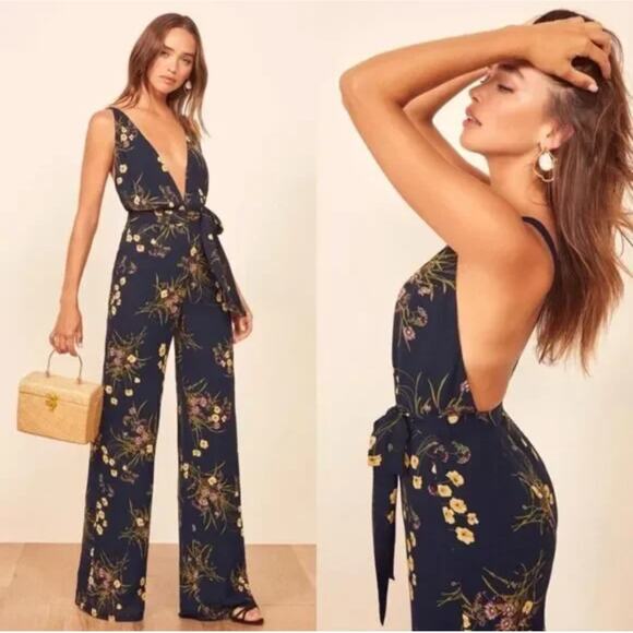 Reformation Pants - Reformation Mademoiselle Sofi Floral Jumpsuit Tie Waist Navy